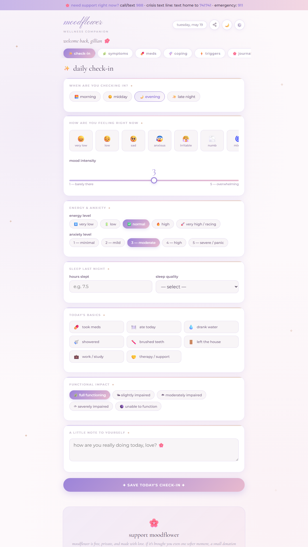 Daily check-in with mood, emotion, body signals, and reflection fields