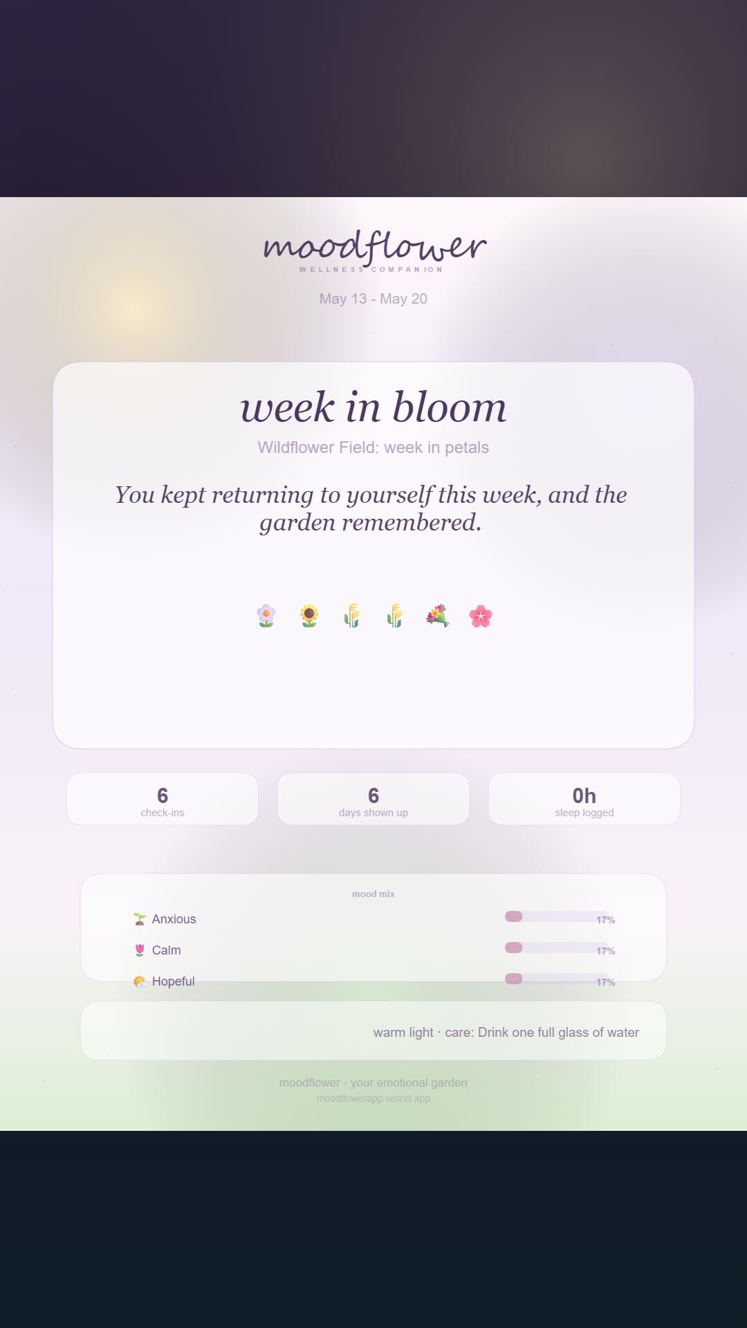 Community greenhouse with member flowers and seasonal weather particles